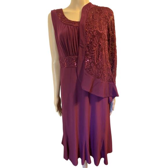 R&M Collection Dress w/Jacket Maroon Lace Sequins Career Formal Evening Sz 12 - Picture 1 of 11